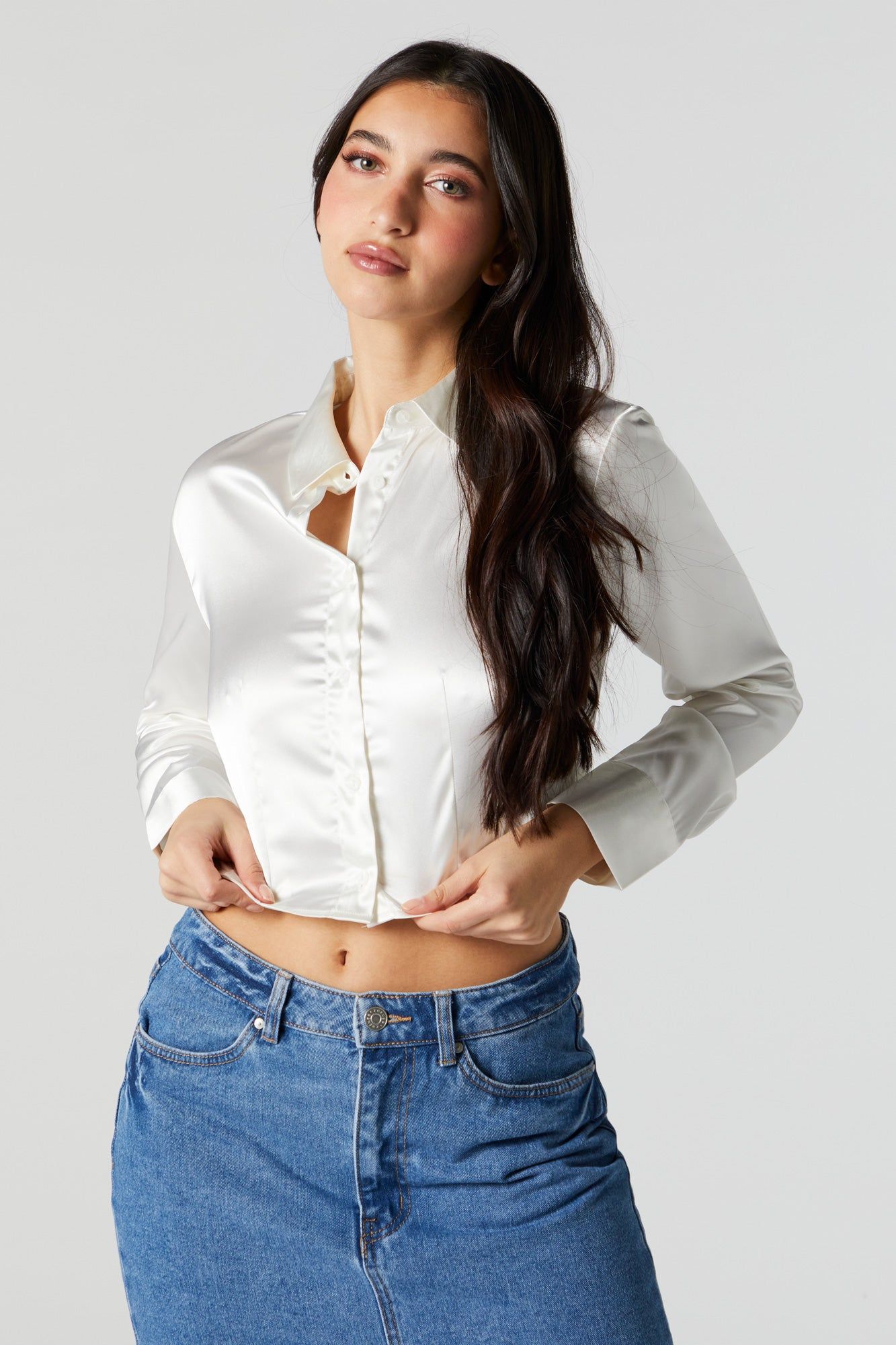 Satin Button-Up Crop Top sold by Urban Planet product image thumbnail 4