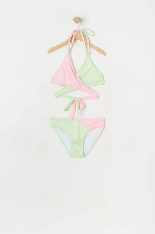 Girls Pink and Green Colour Block Wrap Bikini sold by Urban Planet