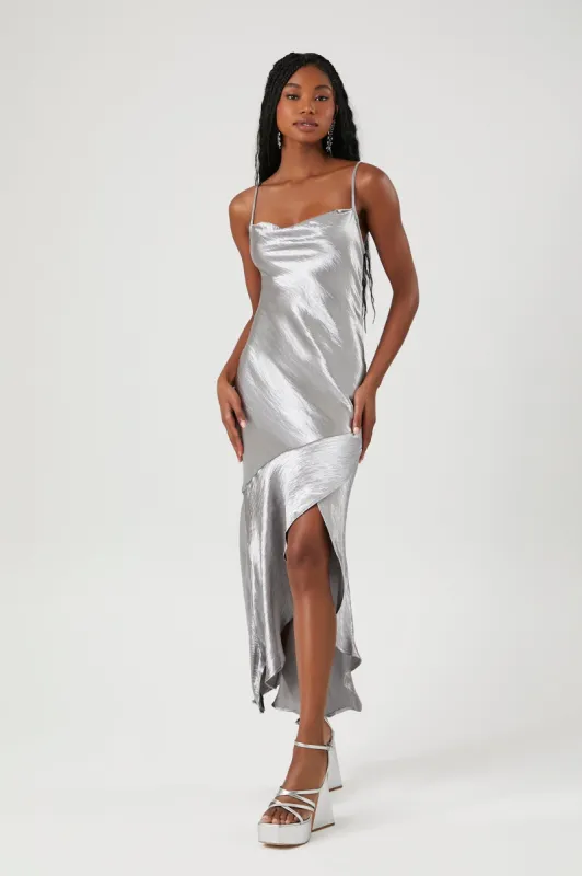 Metallic Satin Asymmetrical Slip Dress sold by Urban Planet