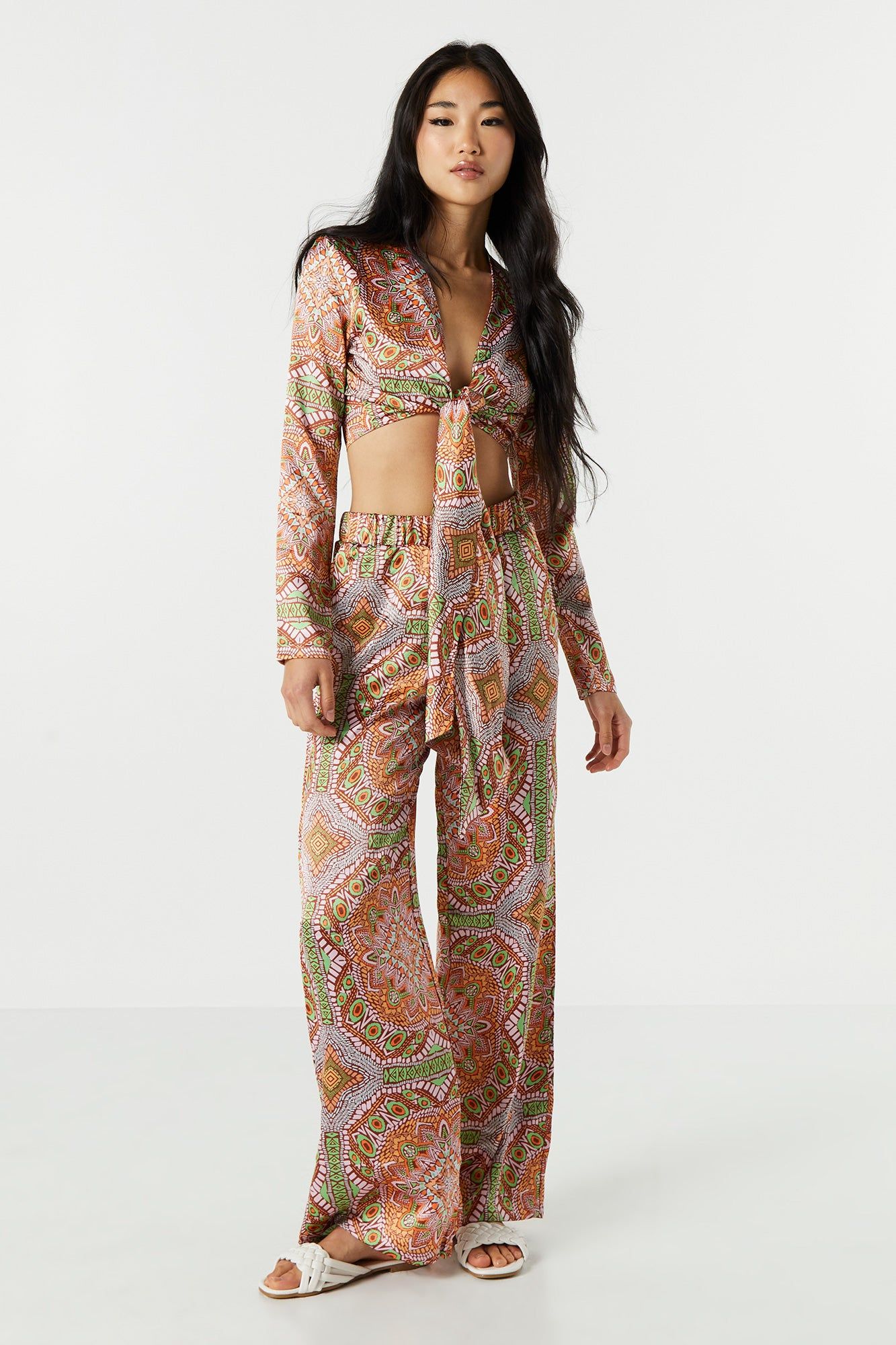 Satin Aztec Print Wide Leg Pant sold by Urban Planet