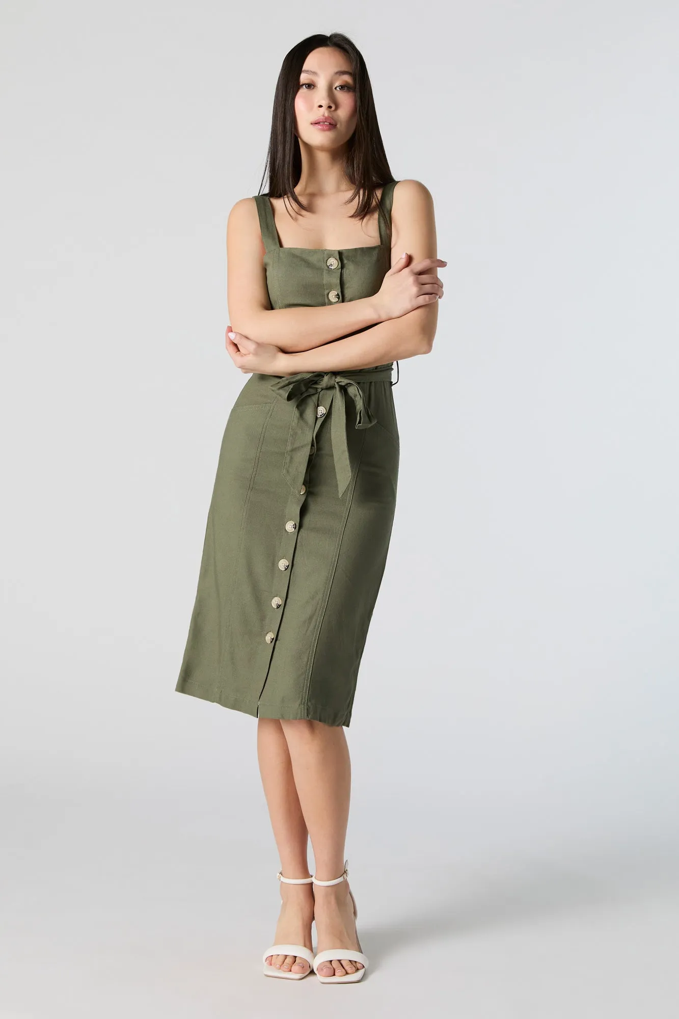 Linen Button Front Belted Midi Dress sold by Urban Planet product image thumbnail 4