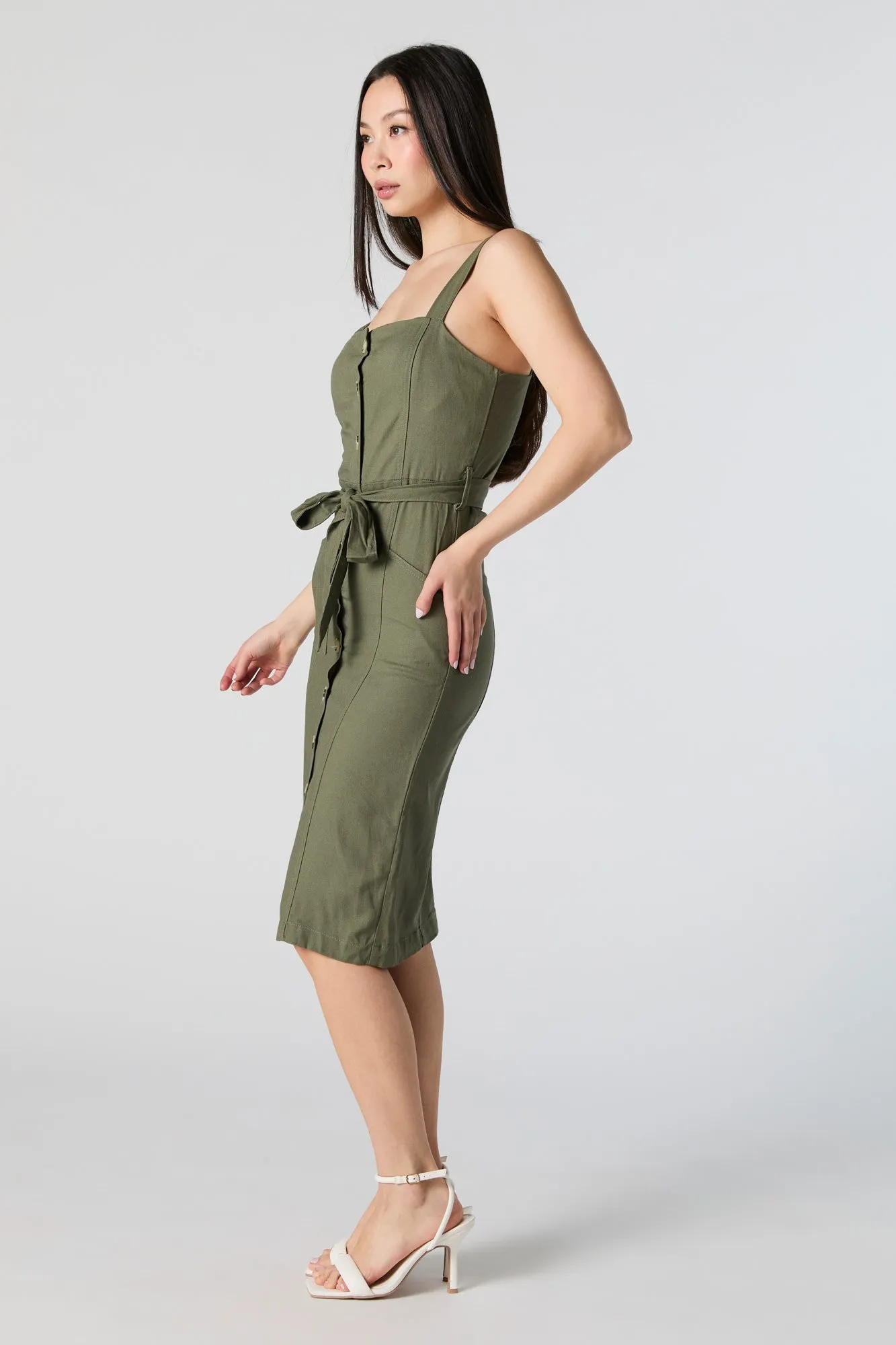 Linen Button Front Belted Midi Dress sold by Urban Planet product image thumbnail 5