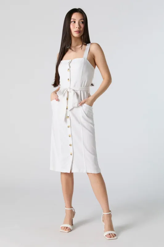 Linen Button Front Belted Midi Dress sold by Urban Planet