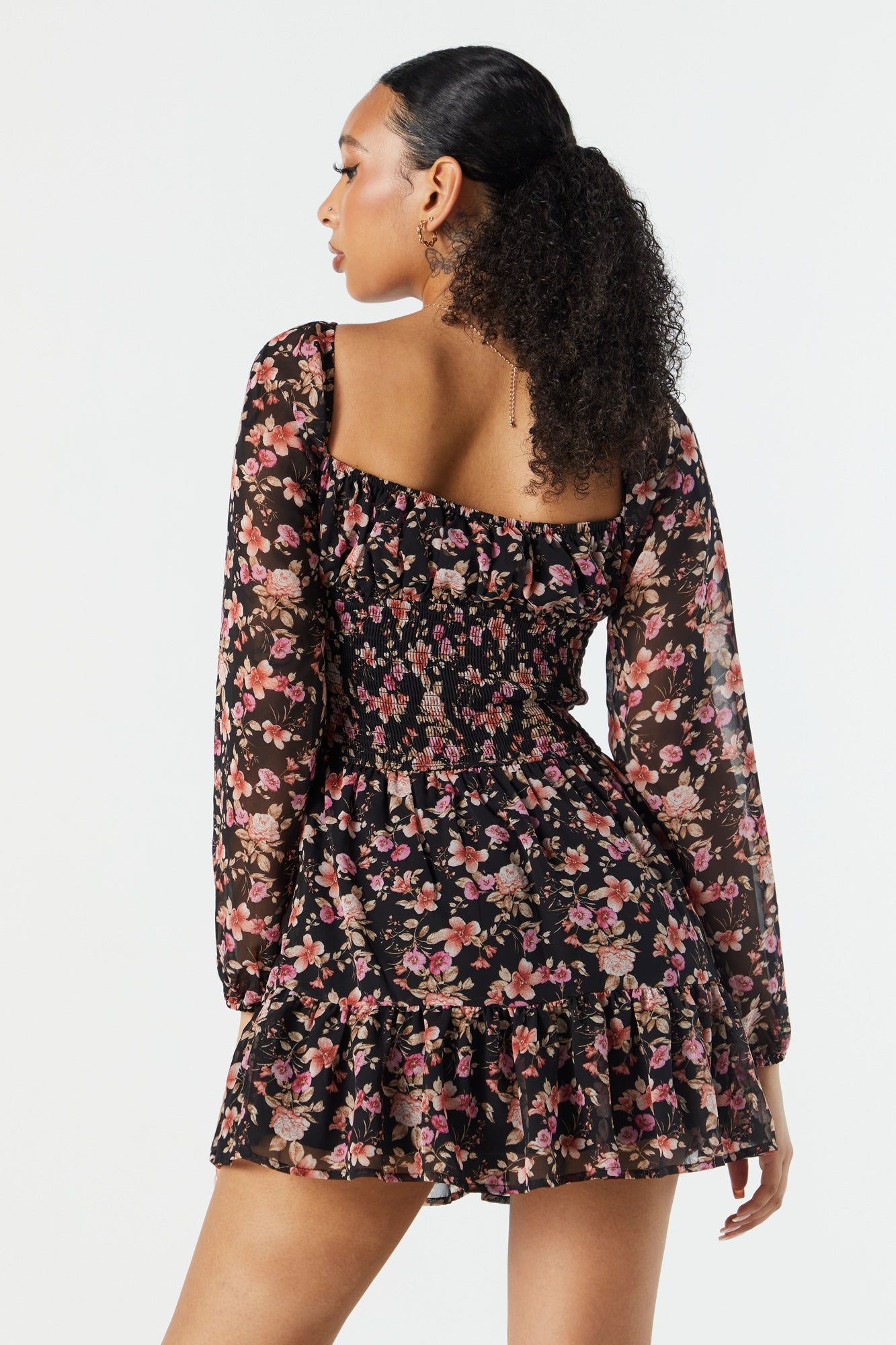 Black Floral Chiffon Milkmaid Long Sleeve Dress sold by Urban Planet product image thumbnail 3