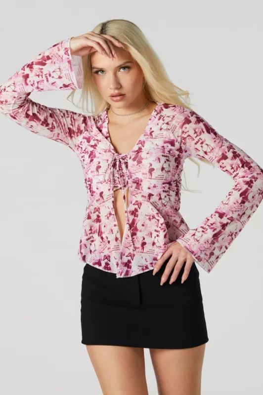 Newspaper Print Mesh Front Tie Long Sleeve Top sold by Urban Planet