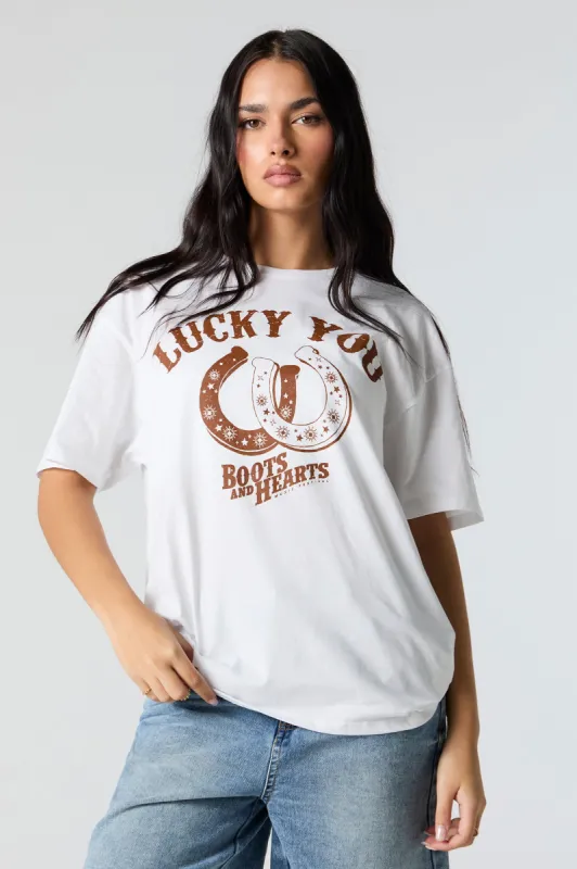 Lucky You Boots & Hearts Graphic Boyfriend T-Shirt sold by Urban Planet
