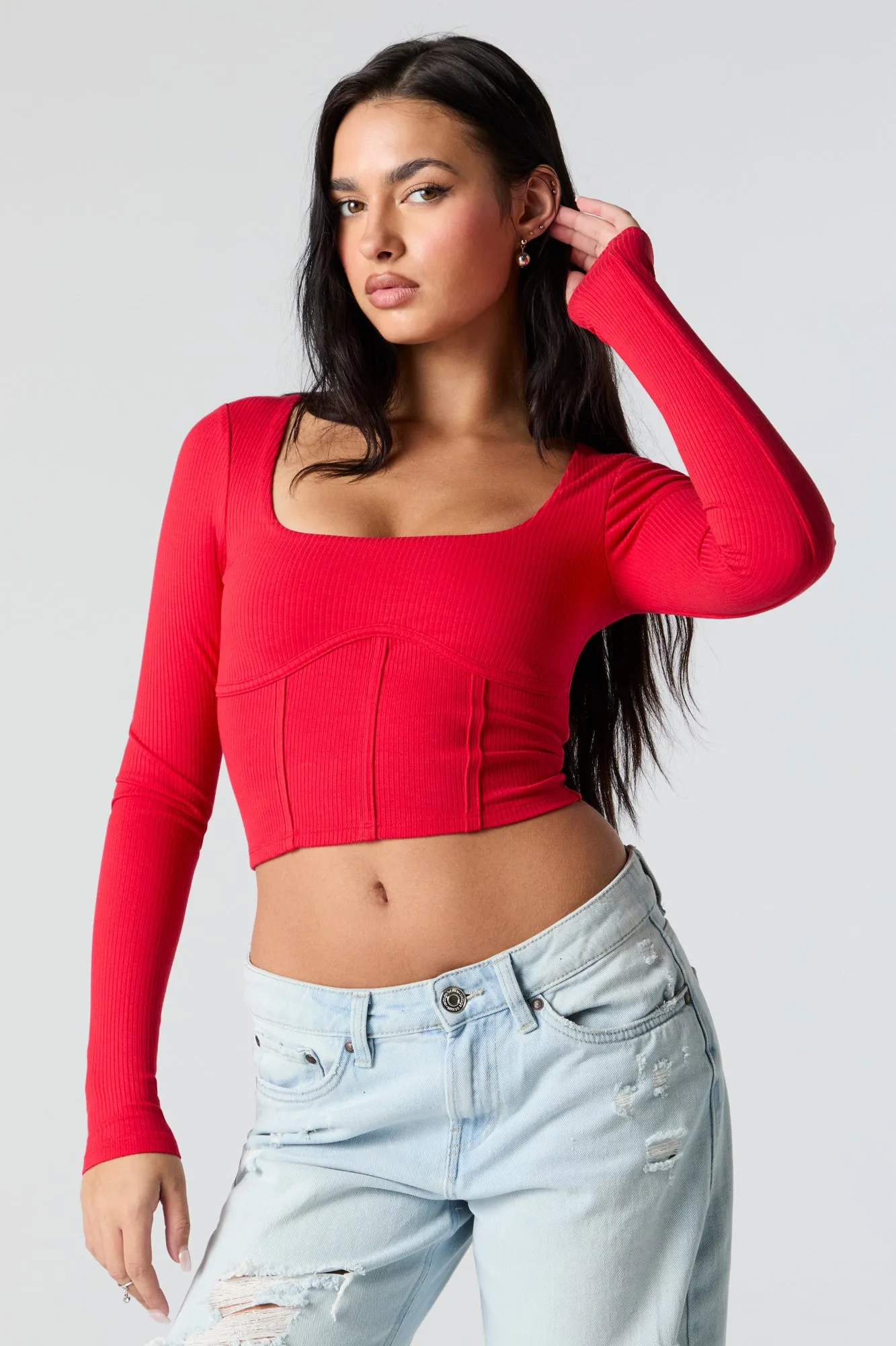 Haut corset côtelé court à manches longues sold by Urban Planet