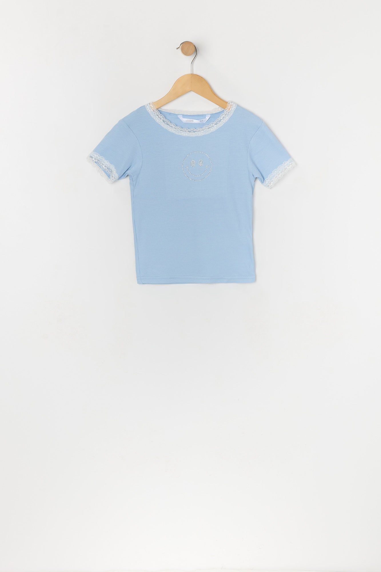 Girls Rhinestone Smiley Lace Trim T-Shirt sold by Urban Planet