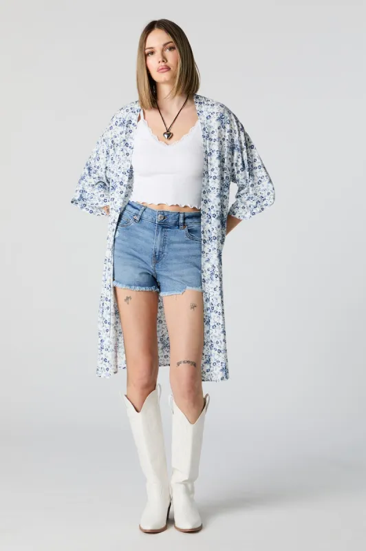 White Floral Print Open Front Kimono sold by Urban Planet