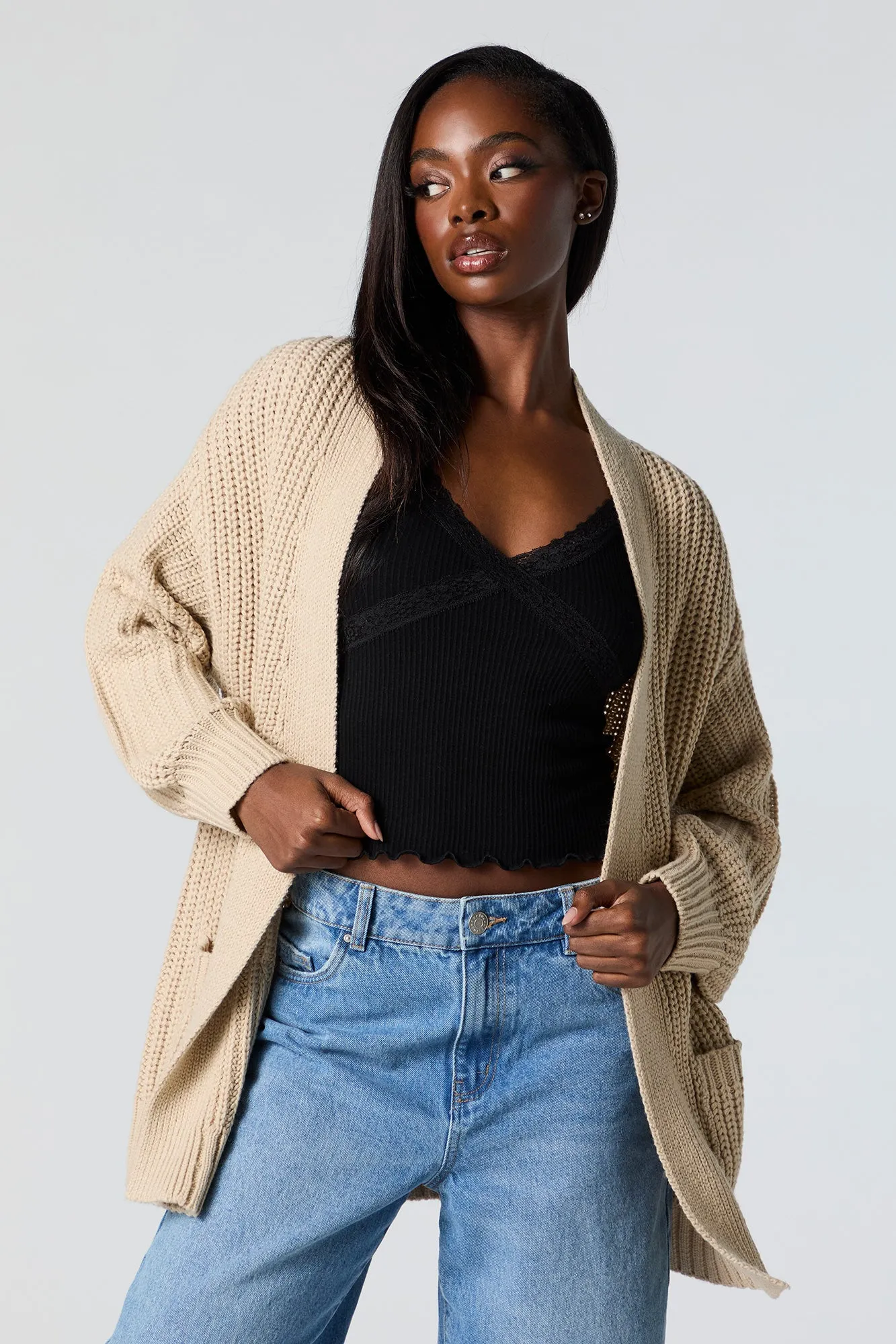 Chunky Knit Open Front Cardigan sold by Urban Planet