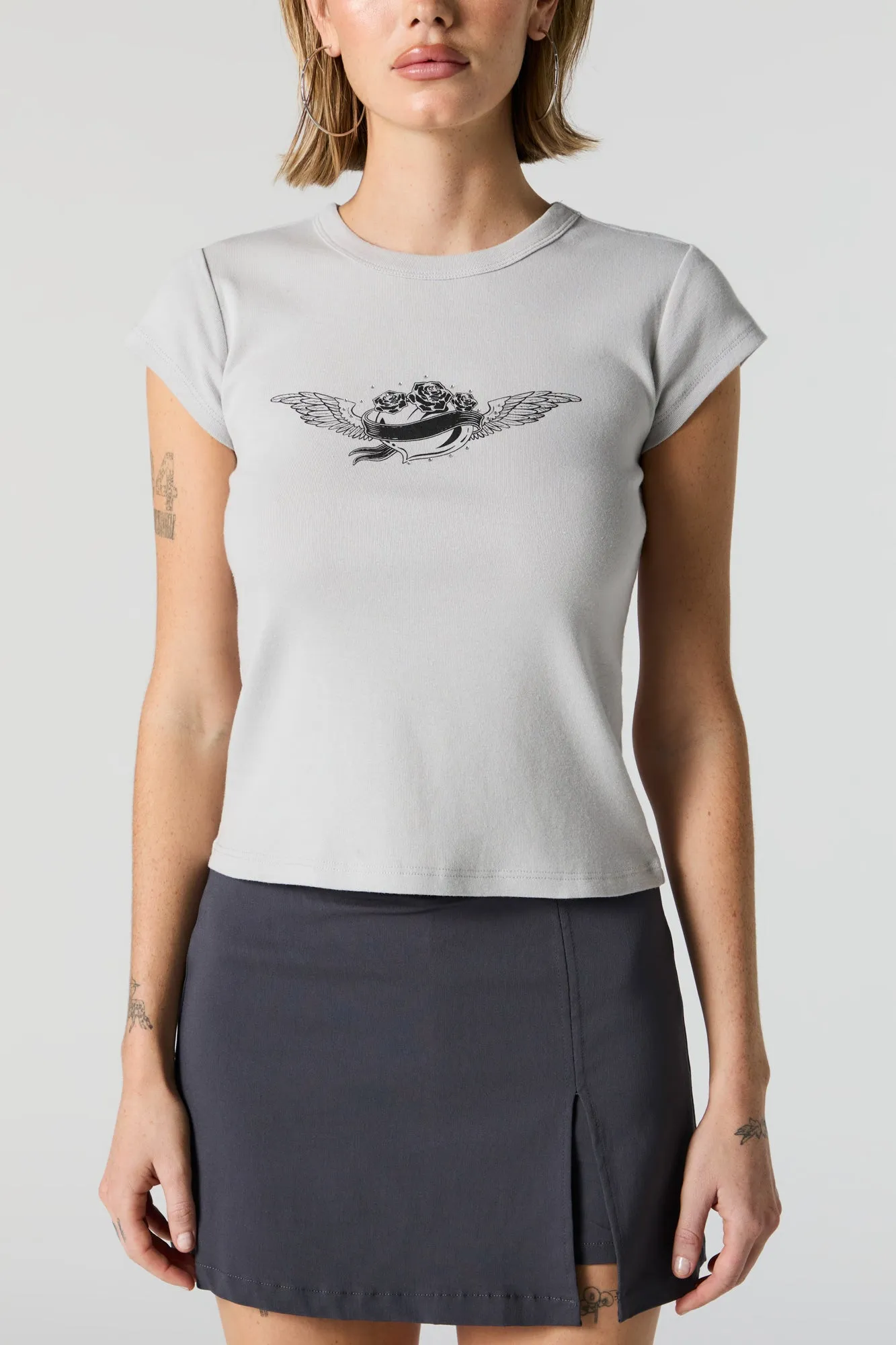 Flower Graphic Rhinestone Fitted T-Shirt sold by Urban Planet product image thumbnail 4