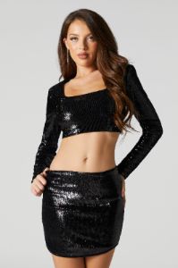 Black Sequin Long Sleeve Crop Top sold by Urban Planet