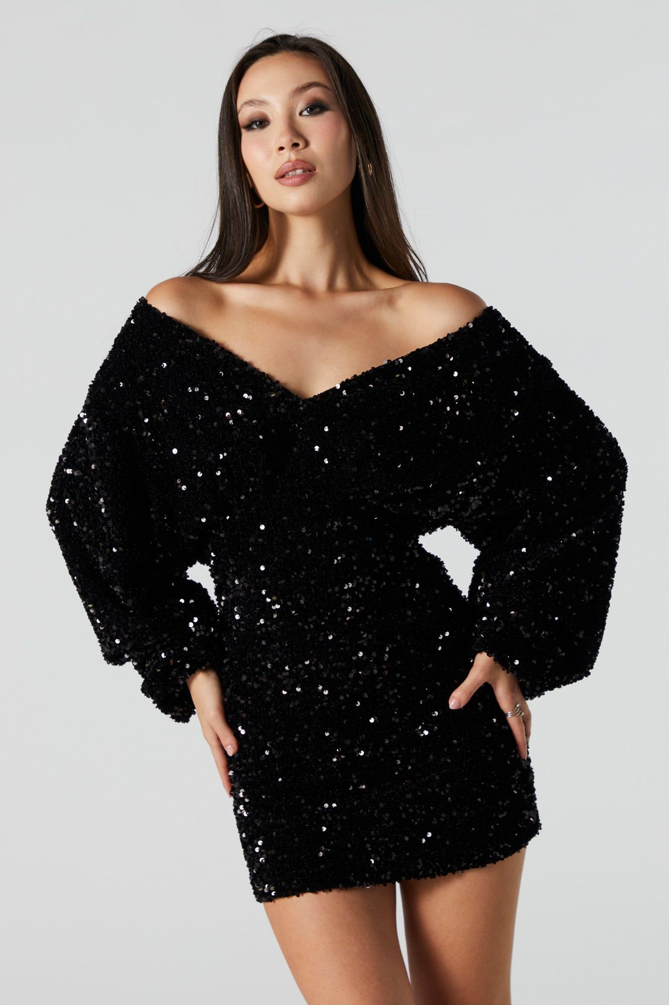 Black Sequin V-Neck Long Sleeve Mini Dress sold by Urban Planet product image thumbnail 2