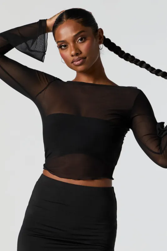 Black Mesh Bell Sleeve Top sold by Urban Planet