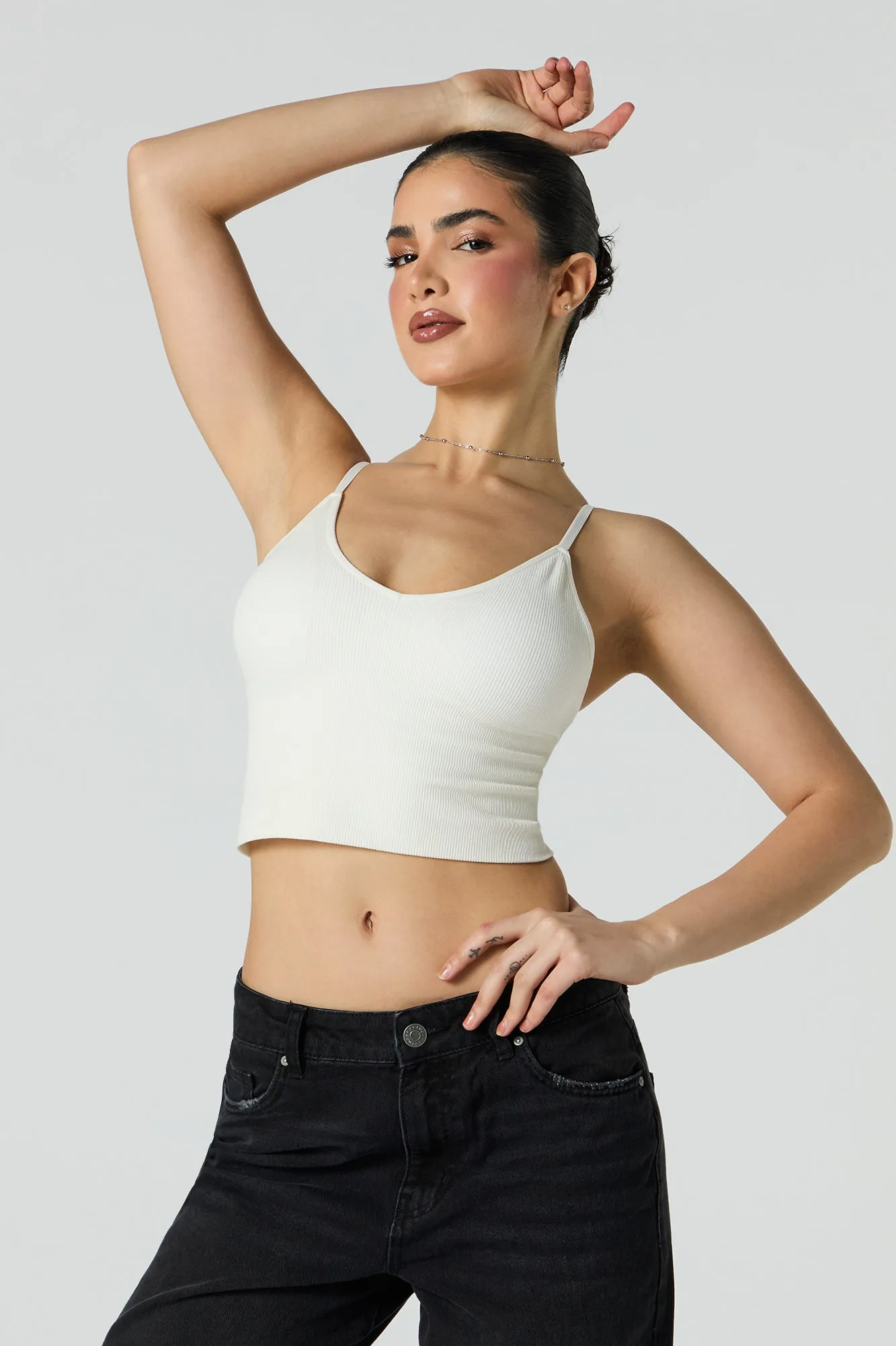 Seamless Ribbed V-Neck Cami with Built-In Bra Cups sold by Urban Planet product image thumbnail 4