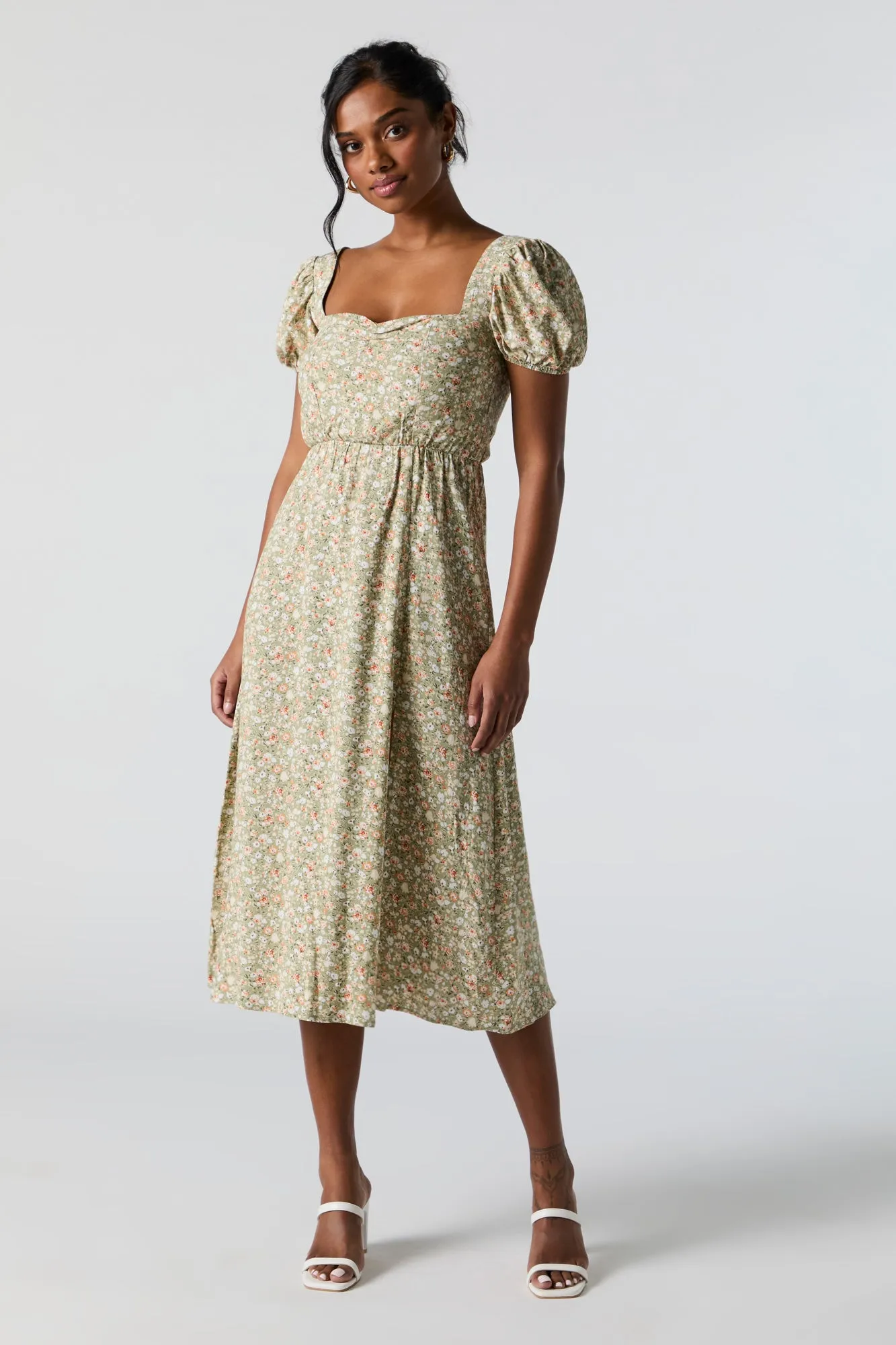 Floral Sweetheart Puff Sleeve Midi Dress sold by Urban Planet