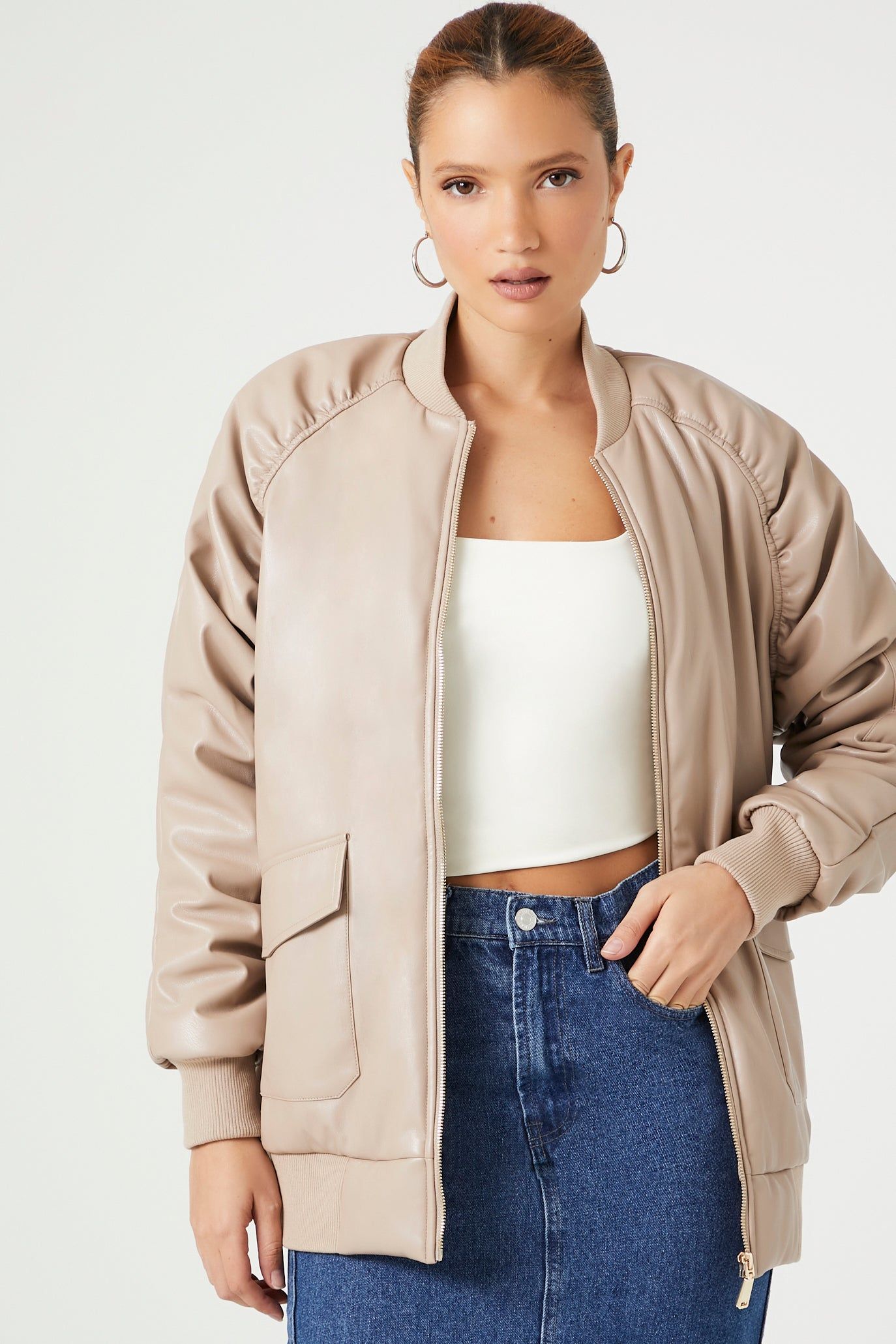 Faux Leather Ruched Bomber Jacket sold by Urban Planet