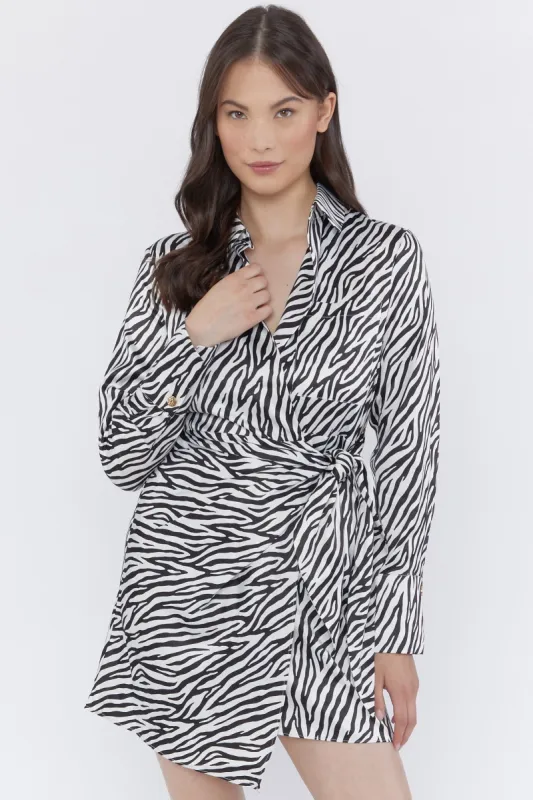 Zebra Print Tie Waist Long Sleeve Satin Wrap Dress sold by Urban Planet