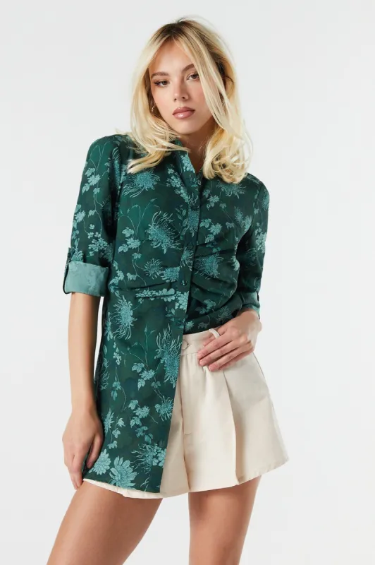 Floral Print Rolled Sleeve Button-Up Top sold by Urban Planet