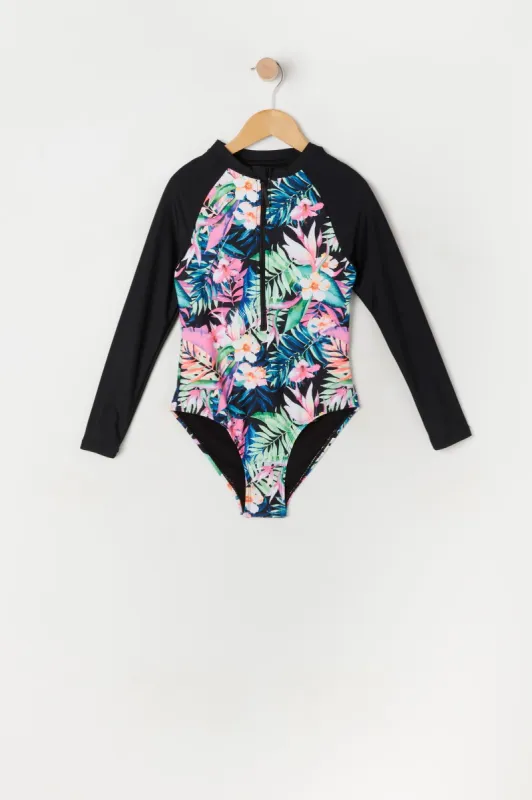 Girls Tropical Print Front Zip Rashguard One Piece Swimsuit made by Urban Planet