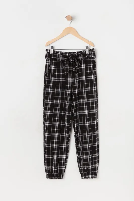 Girls Plaid Print Belted Paperbag Jogger sold by Urban Planet