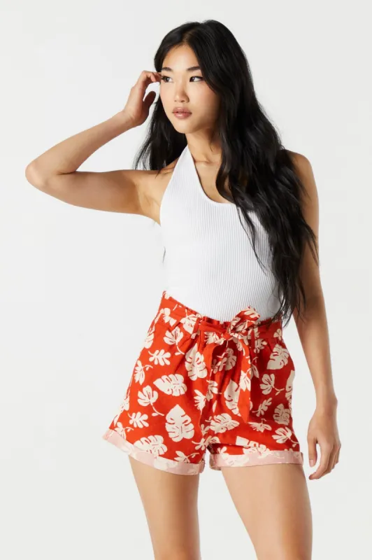 Short en lin à taille cintrée avec motif hawaïen et ceinture sold by Urban Planet