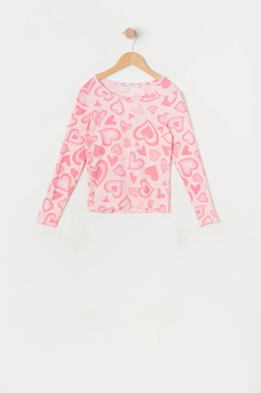 Girls Heart Print Lettuce Hem Top sold by Urban Planet