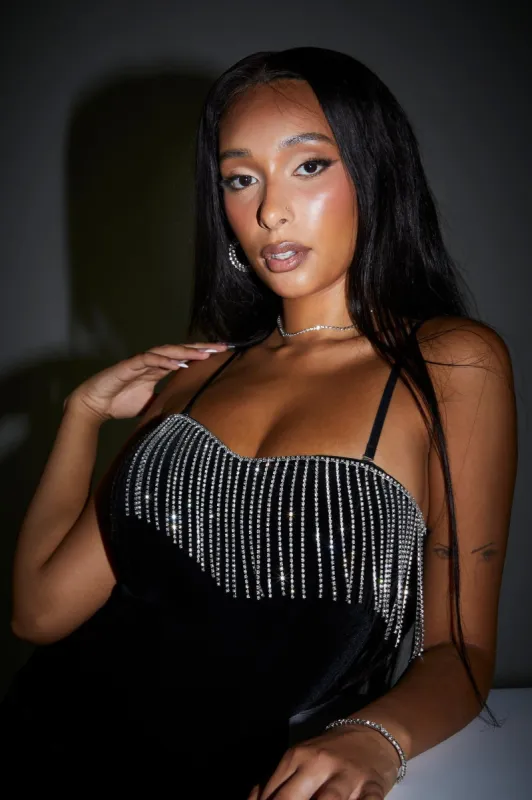 Black Rhinestone Trim Velvet Mini Dress sold by Urban Planet