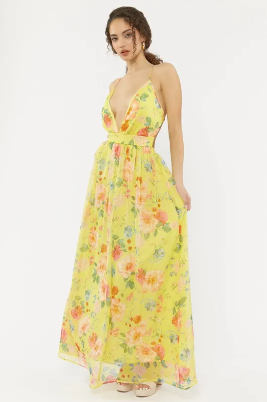 Yellow Floral Deep V-Neck Maxi Dress sold by Urban Planet
