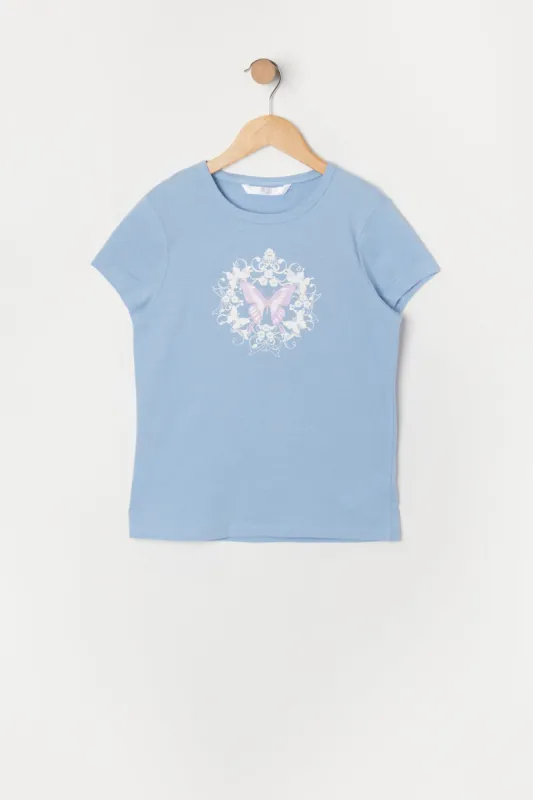 Girls Blue Butterfly Graphic T-Shirt sold by Urban Planet
