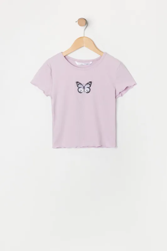 Girls Lettuce Trim Butterfly Embroidered T-Shirt sold by Urban Planet