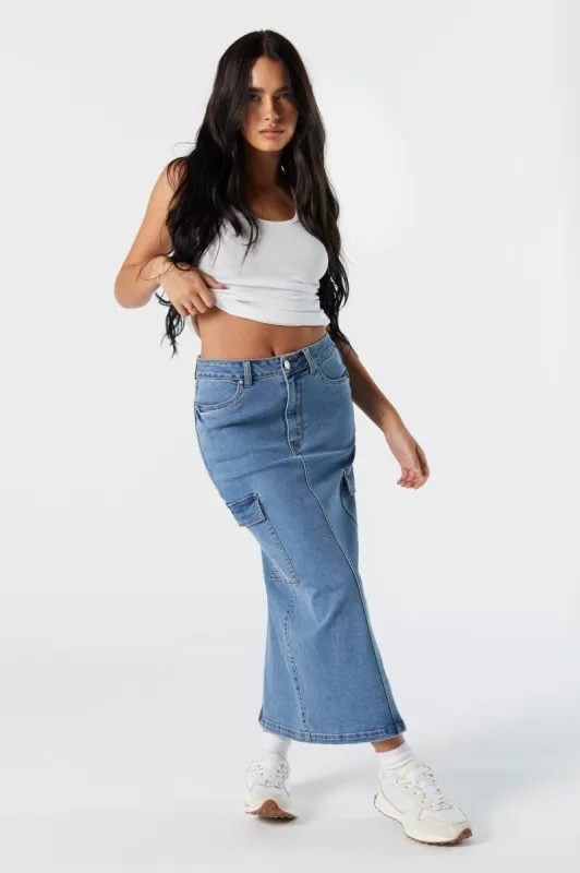 Medium Wash Denim Cargo Maxi Skirt sold by Urban Planet