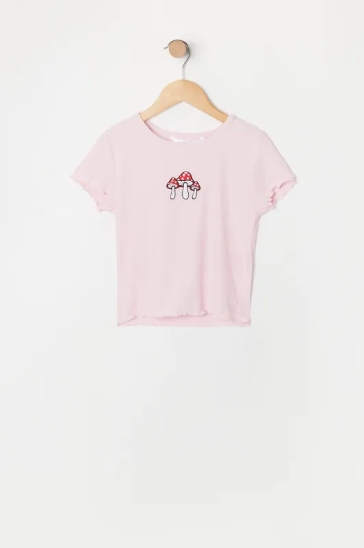 Girls Lettuce Trim Mushroom Embroidered T-Shirt sold by Urban Planet