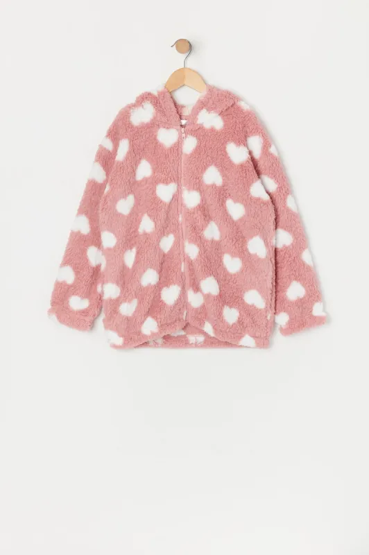 Girls Oversized Heart Sherpa Zip-Up Hoodie sold by Urban Planet