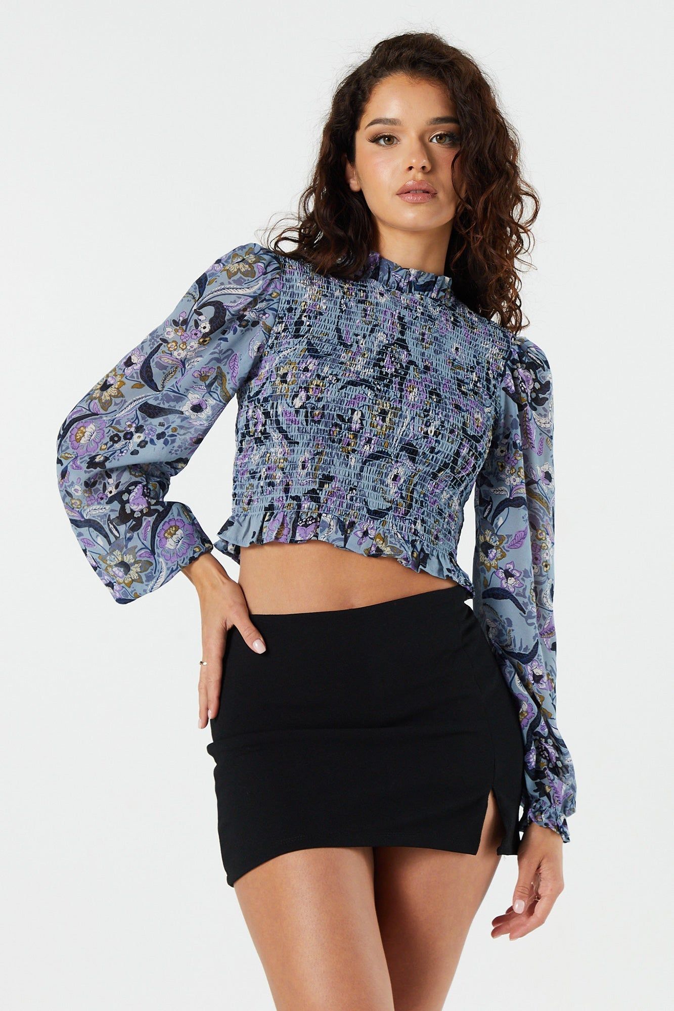 Smocked Cropped Long Sleeve Top sold by Urban Planet