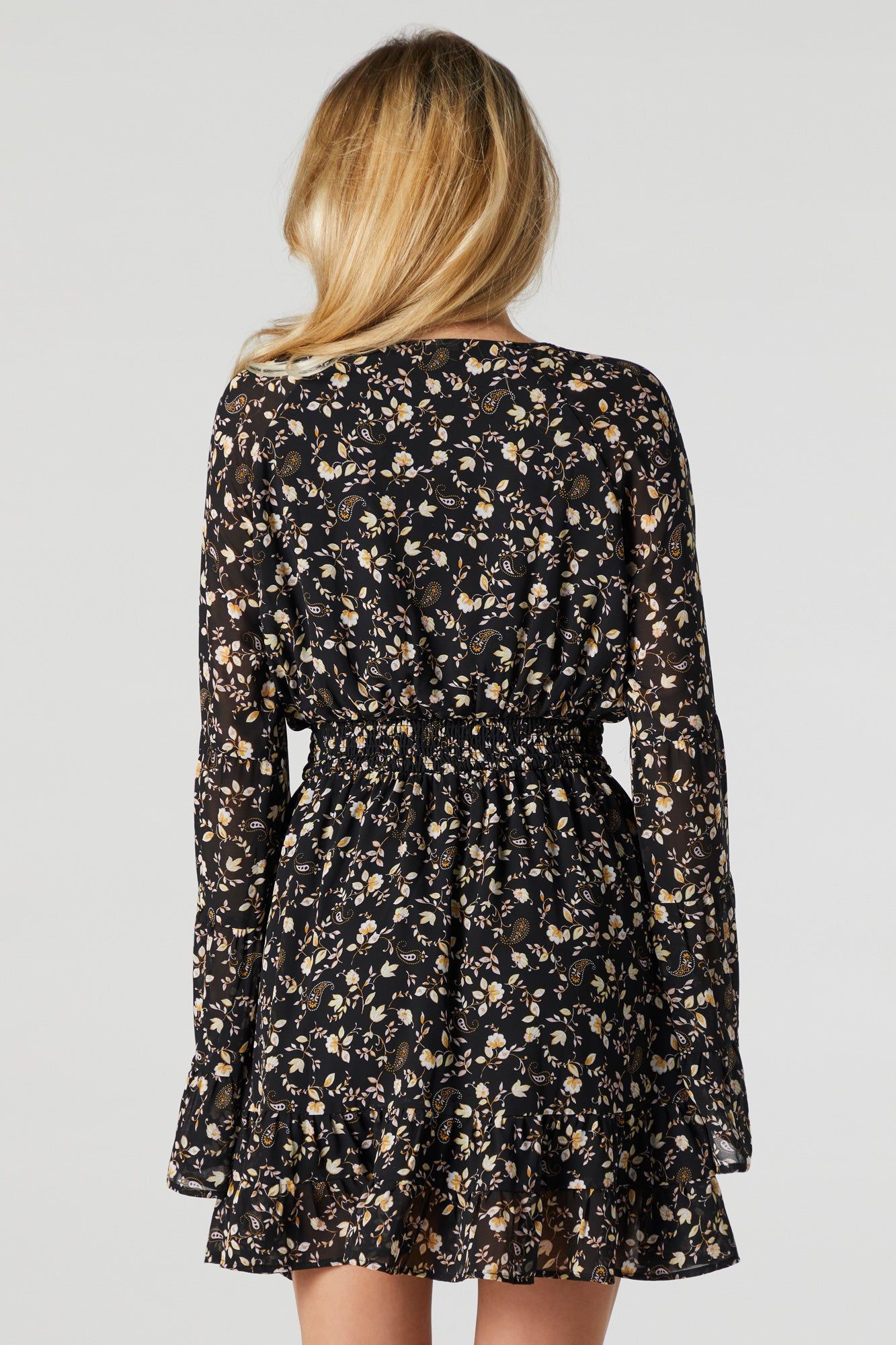 Black Floral Chiffon Long Sleeve Mini Dress sold by Urban Planet product image thumbnail 2