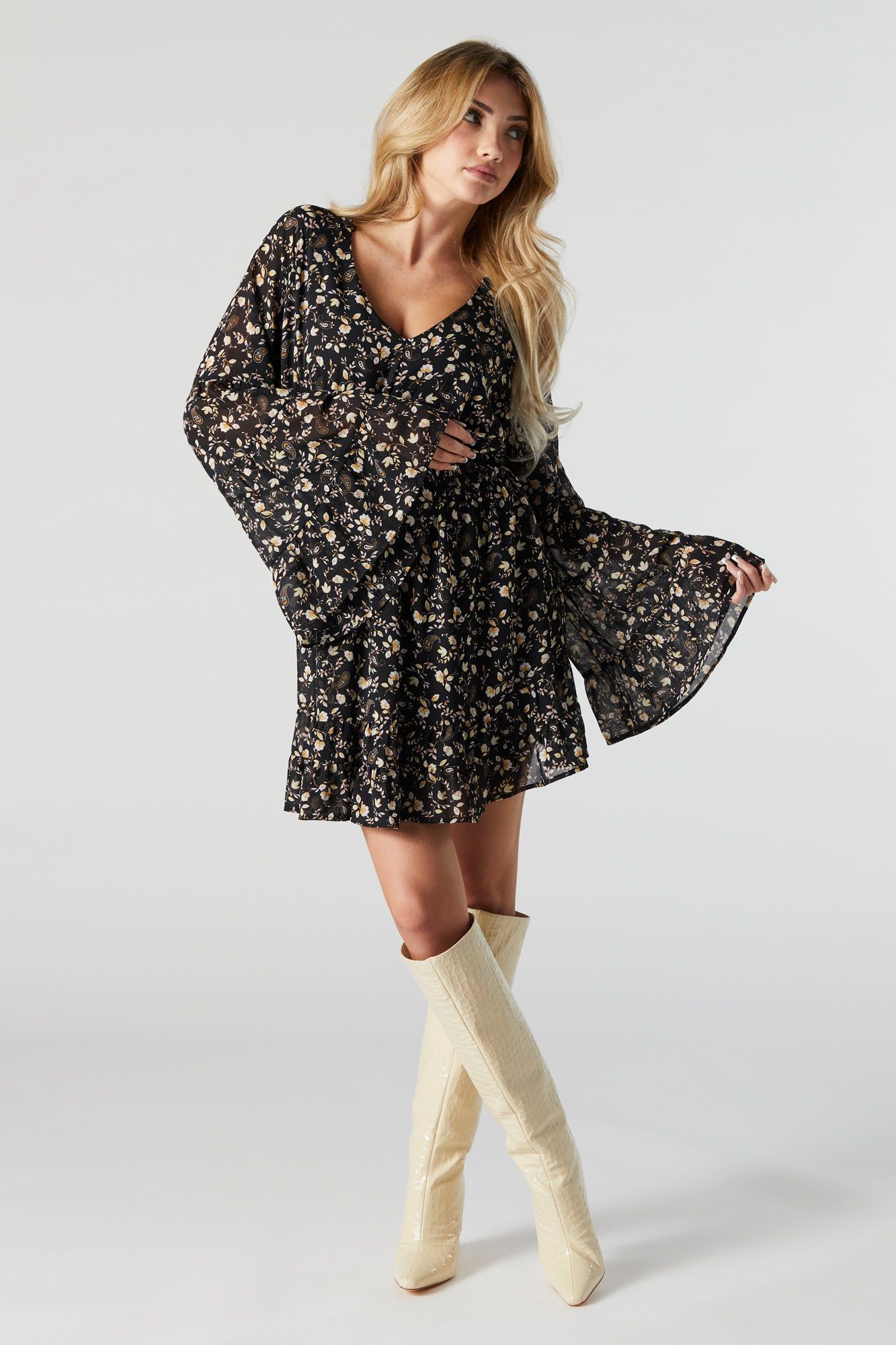 Black Floral Chiffon Long Sleeve Mini Dress sold by Urban Planet product image thumbnail 3