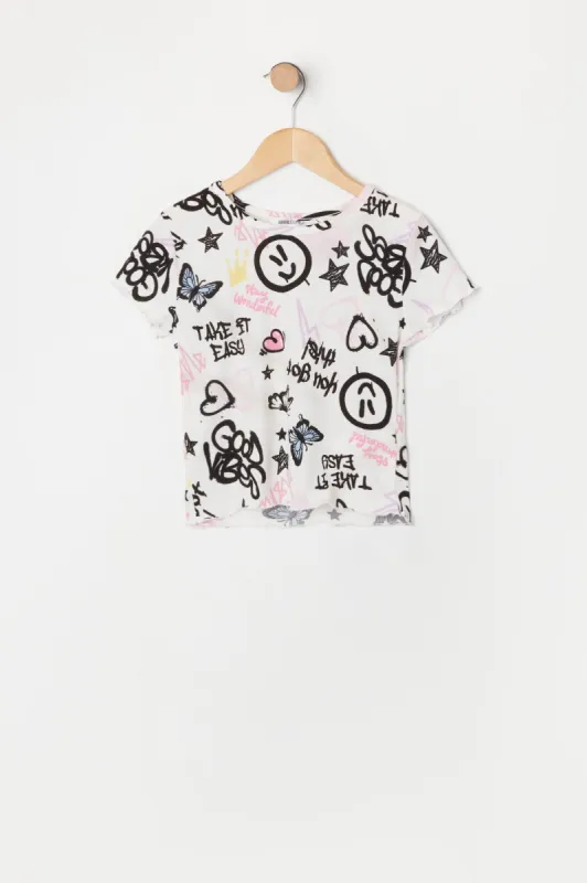 Girls Lettuce Trim Graffiti Print T-Shirt sold by Urban Planet