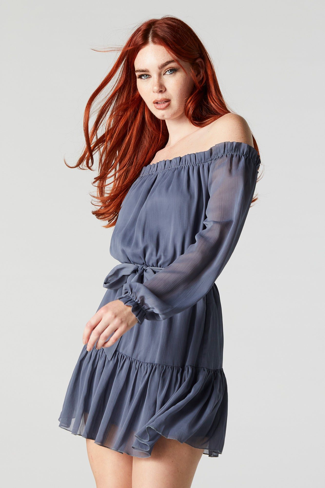Chiffon Belted Off Shoulder Mini Dress sold by Urban Planet