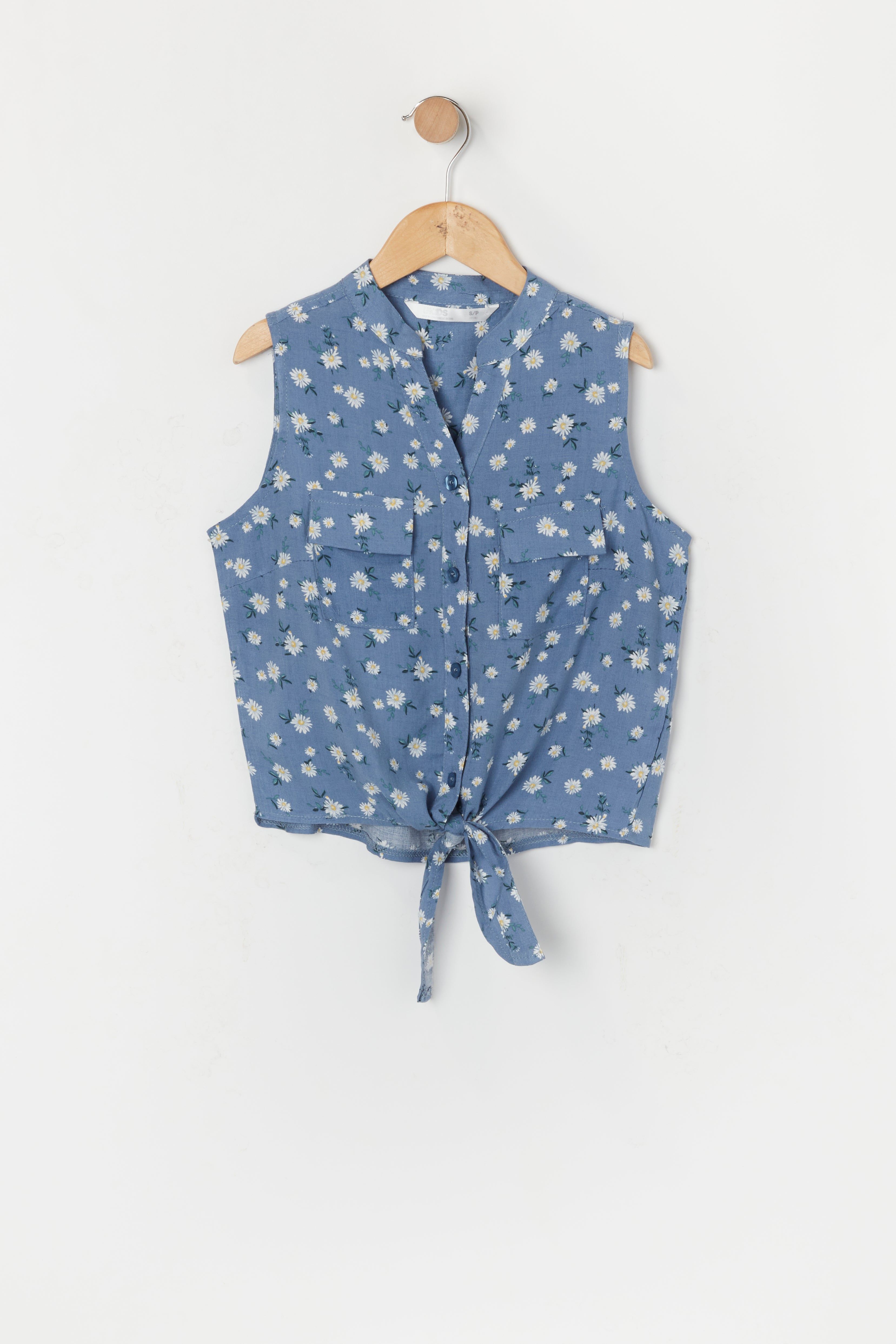Girls Blue Floral Front Tie Tank sold by Urban Planet