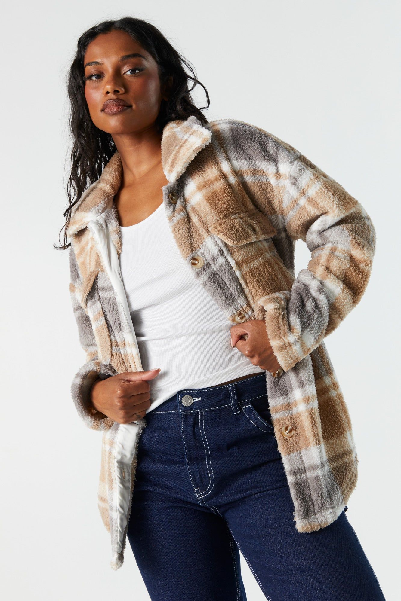 Plush Plaid Shacket sold by Urban Planet