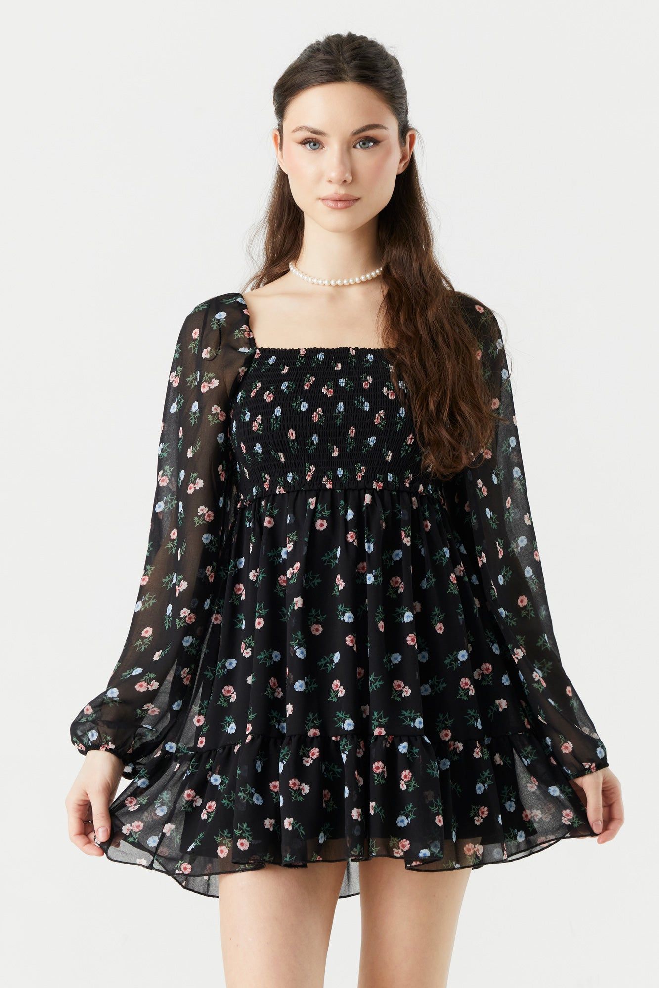 Black Floral Print Smocked Long Sleeve Mini Dress sold by Urban Planet