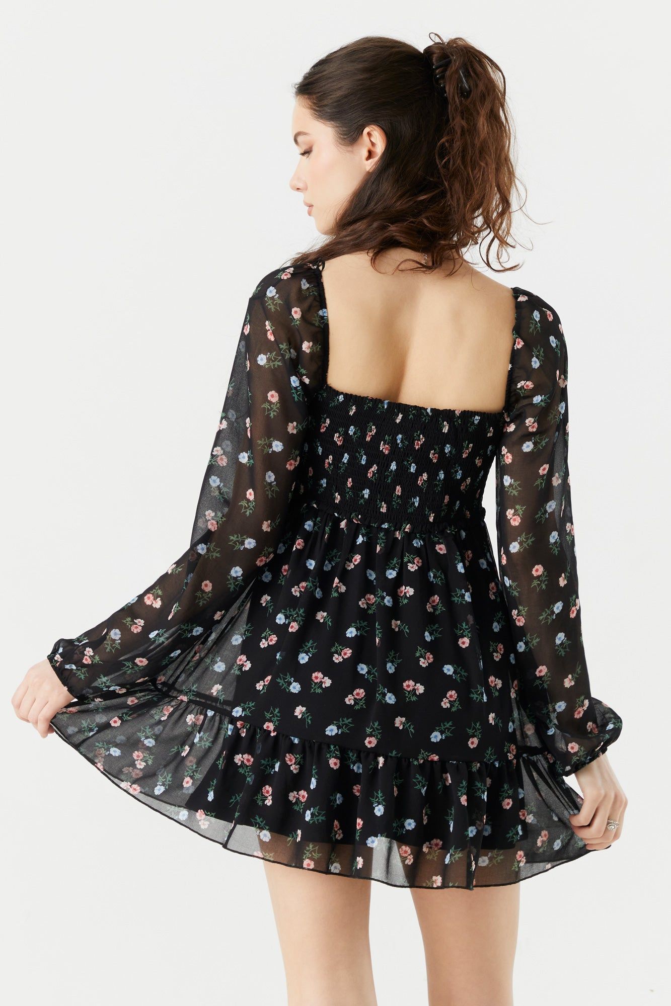 Black Floral Print Smocked Long Sleeve Mini Dress sold by Urban Planet product image thumbnail 2