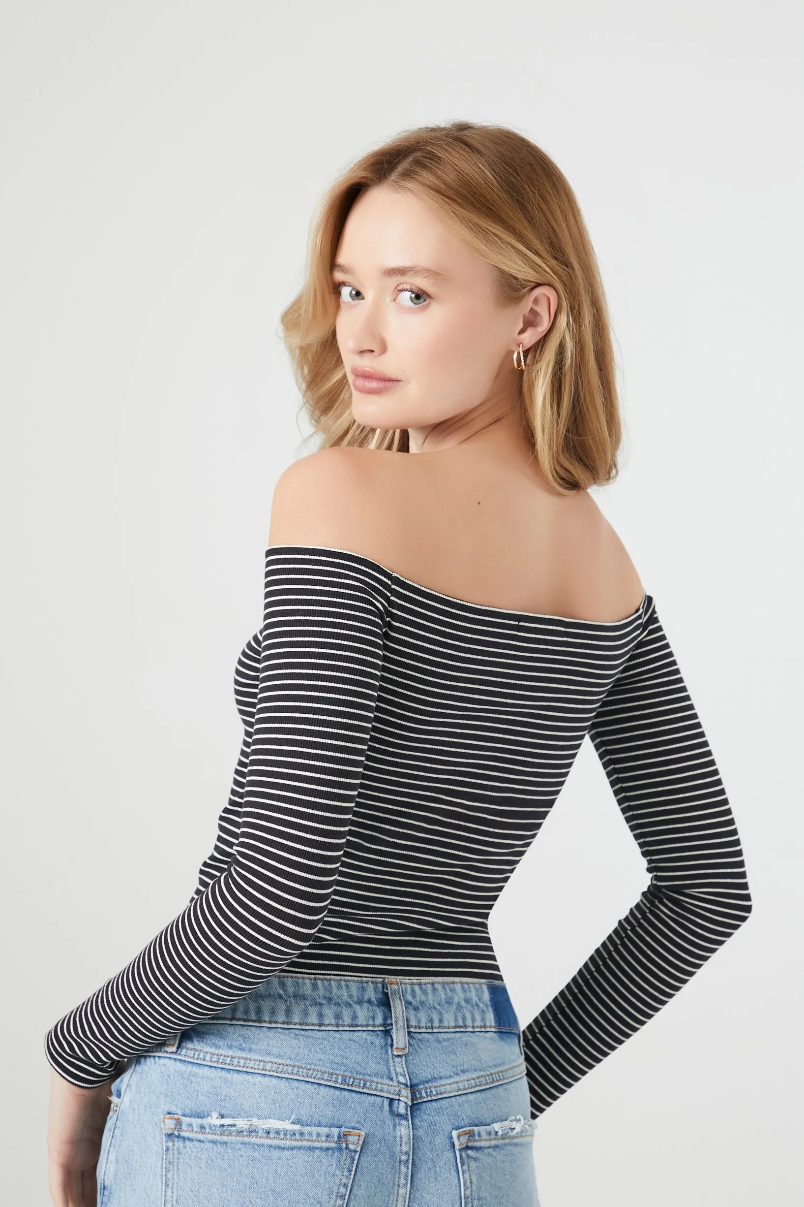 Striped Off Shoulder Long Sleeve Crop Top sold by Urban Planet product image thumbnail 4