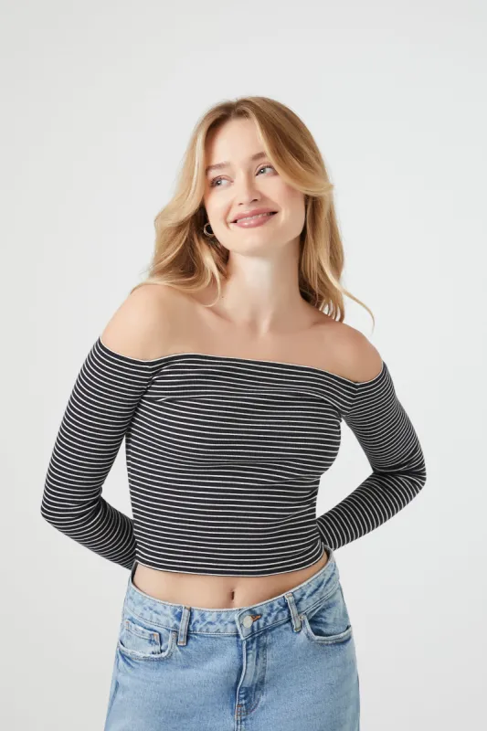 Striped Off Shoulder Long Sleeve Crop Top sold by Urban Planet