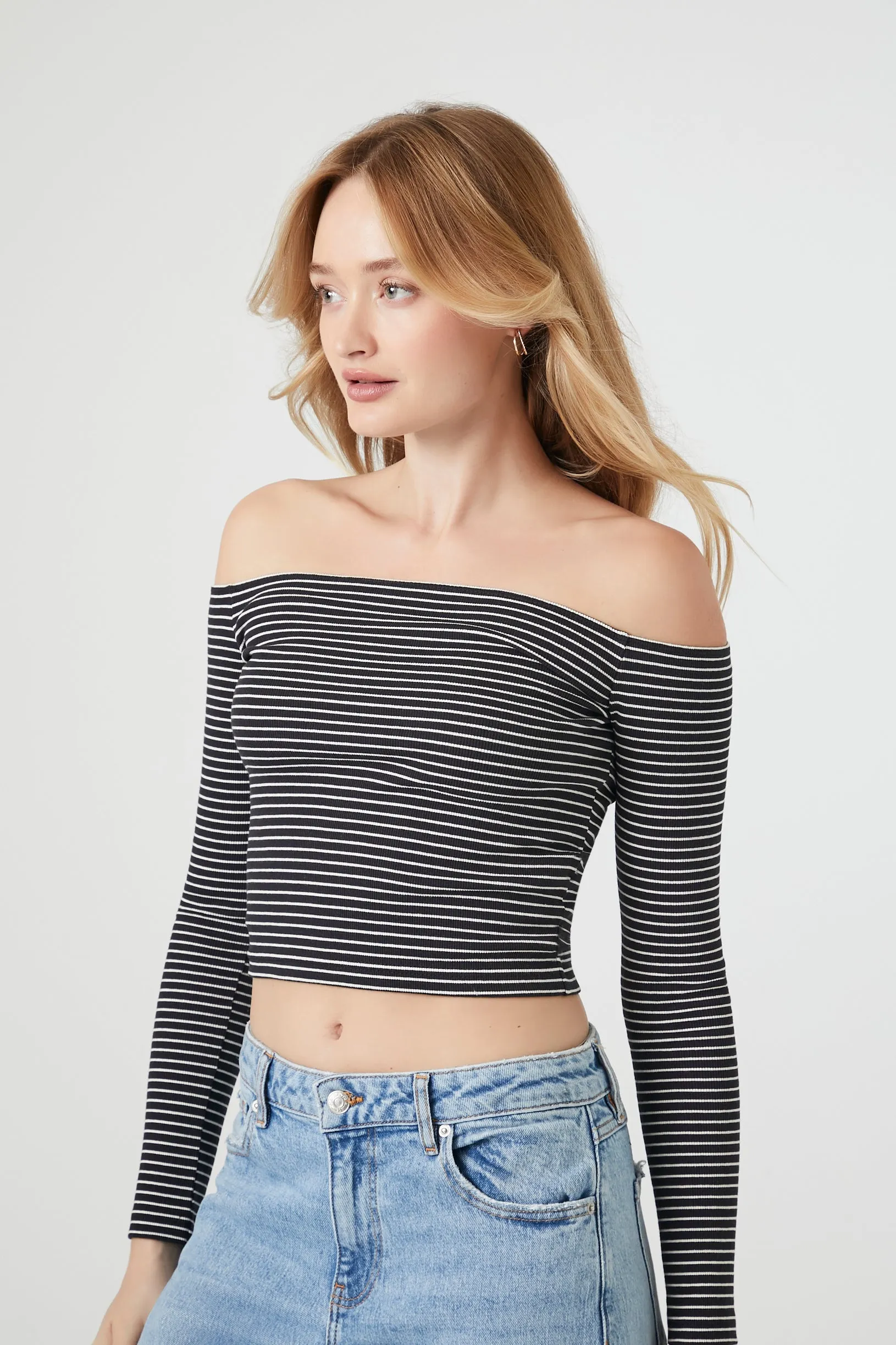 Striped Off Shoulder Long Sleeve Crop Top sold by Urban Planet product image thumbnail 2