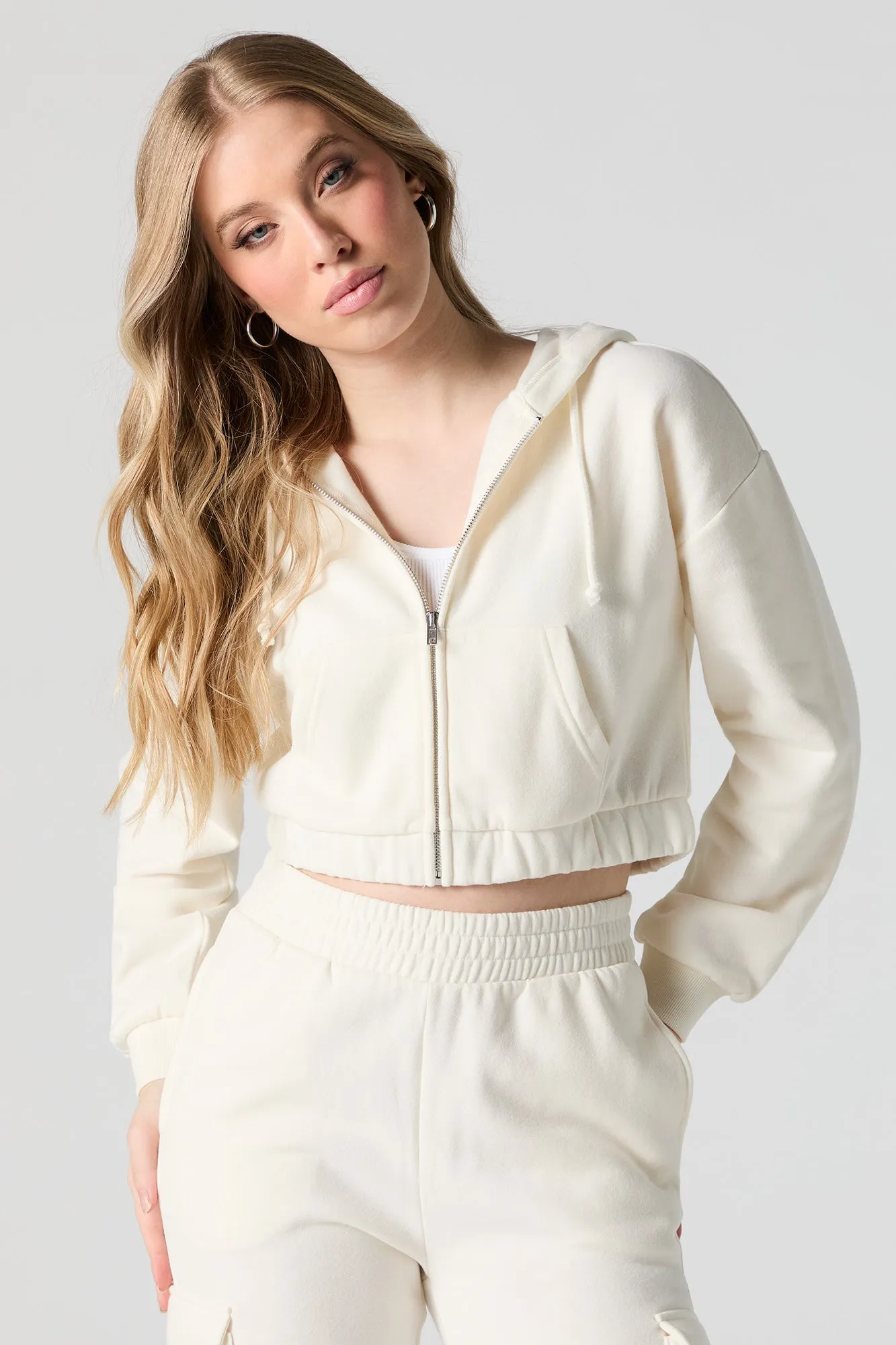 Fleece Cropped Zip-Up Hoodie sold by Urban Planet