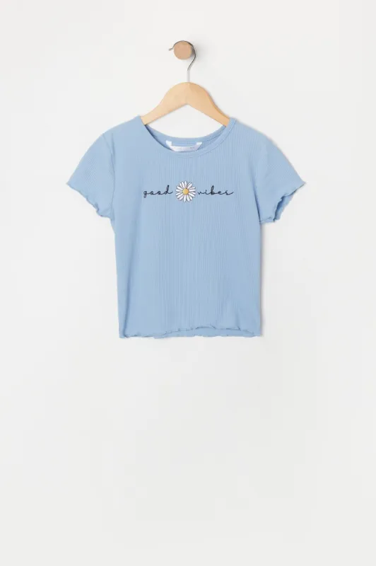 T-shirt avec motif brodé Good Vibes et ourlet volanté pour fille sold by Urban Planet