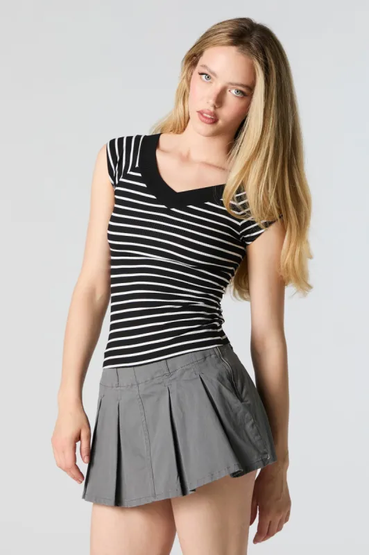Striped Ribbed V-Neck Skimmer Top sold by Urban Planet