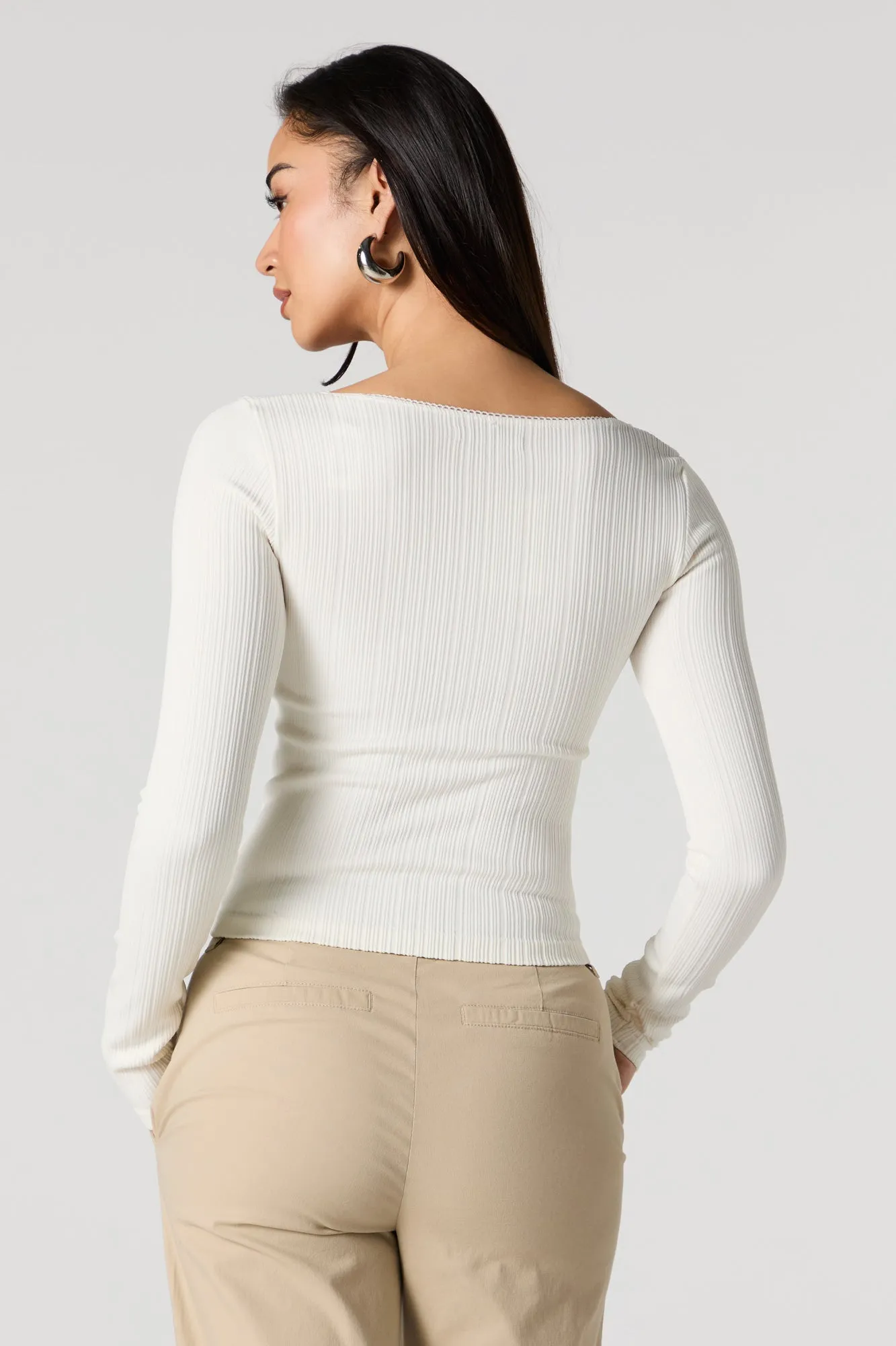 Ribbed Knit Square Neck Lace Trim Long Sleeve Top sold by Urban Planet product image thumbnail 5